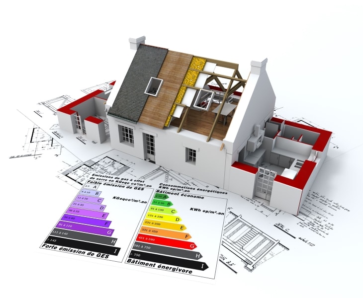 3D rendering of a house in construction, on top of blueprints, with and energy efficiency rating chart